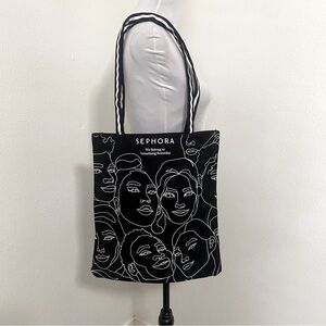 SEPHORA Large Canvas Tote Bag Graphic Outlines of Faces Black and White NWOT